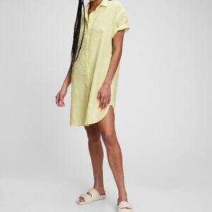 Gap Shirt Dress Womens XS Linen Blend Citron Yellow Neon Short Sleeve Button NWT